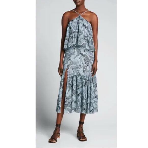 CINQ A SEPT Dress 14,Blue Geo-Dots Layered Ruffle Slit Adjust-Strap “Colette” - Picture 1 of 15